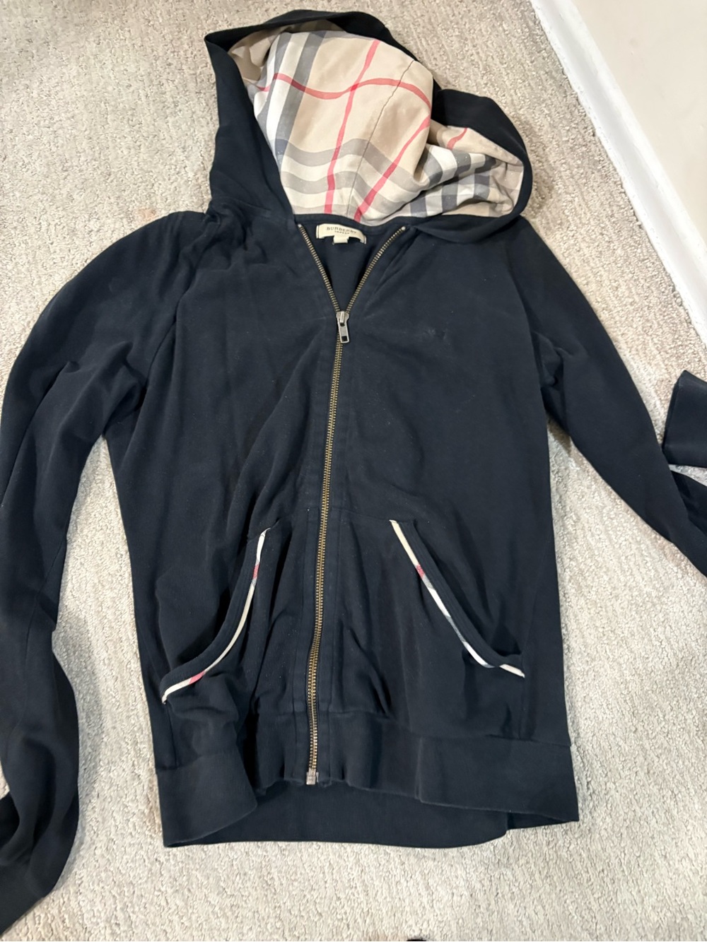 Burberry Black Zip-Up Hoodie with Plaid Lining size mediums but runs small